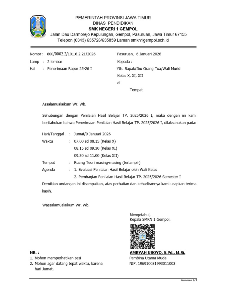 Penerimaan Rapor SMK Negeri 1 Gempol | PDF