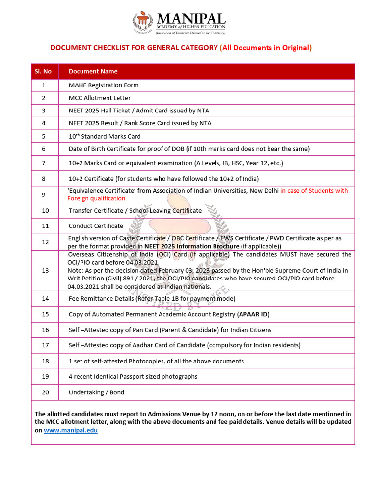 NEET 2025 Document Checklist Guide | PDF | Government And Personhood