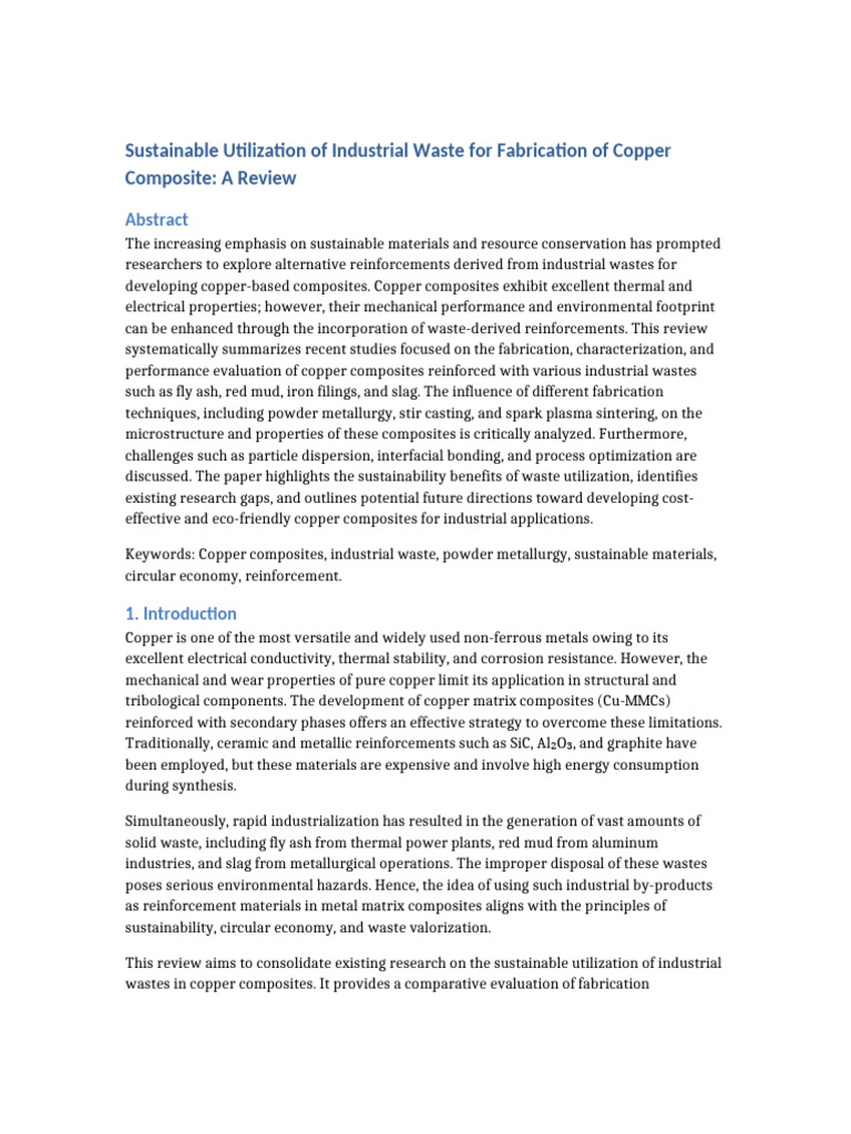 Sustainable Utilization of Industrial Waste For Fabrication of Copper ...