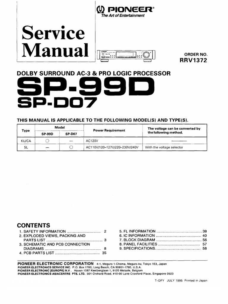 Pioneer Sp-99d Sp-d07 Dolby Ac-3 and Pro-Logic Processor Rrv1372 1995 ...