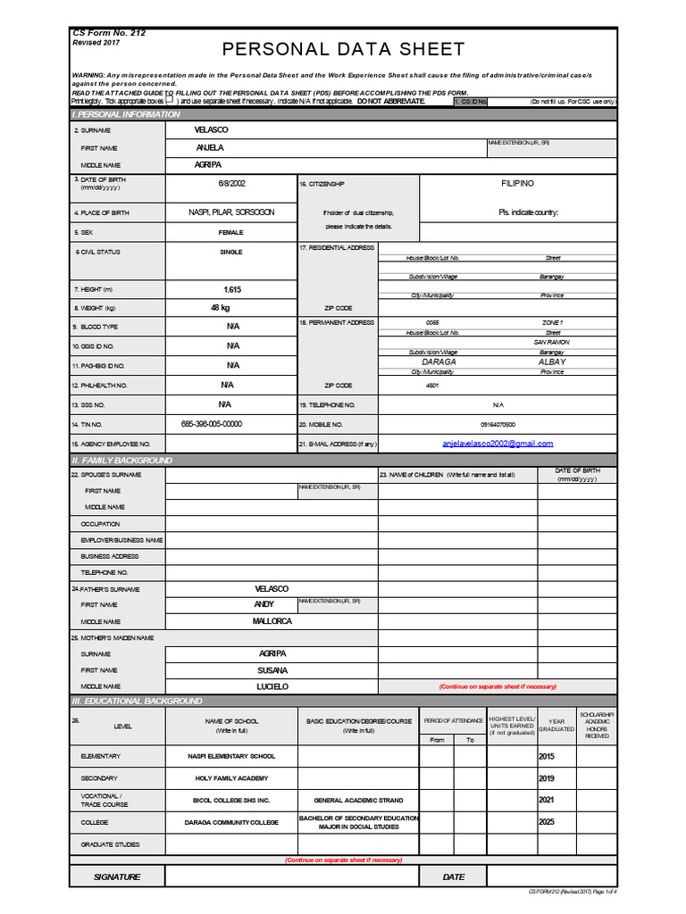 Personal Data Sheet Template | PDF | Government