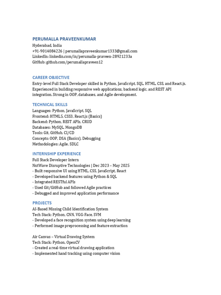 Entry-Level Full Stack Developer Profile | PDF