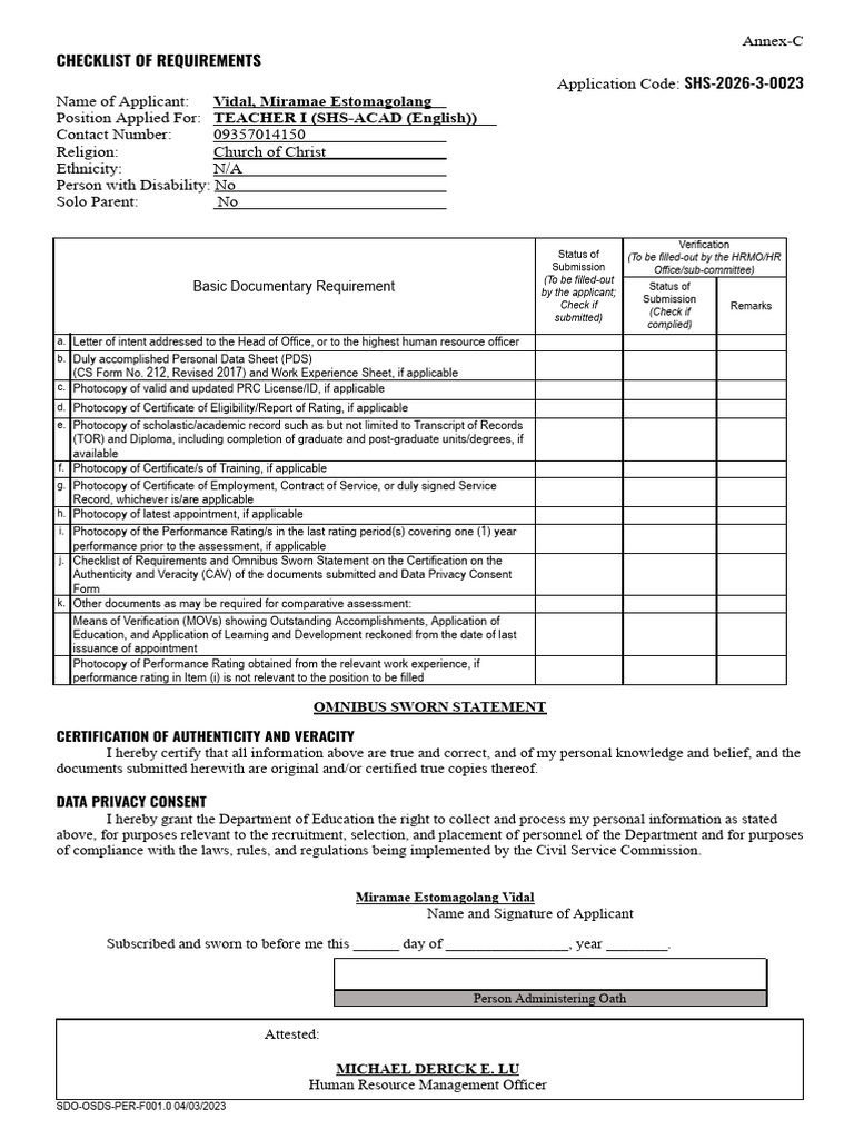 Teacher I Application Requirements Checklist | PDF