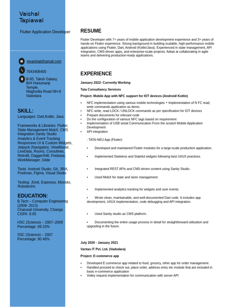 Flutter Developer Resume: 7+ Years Experience | PDF | Mobile App ...