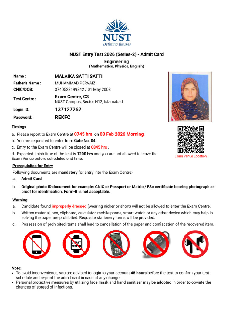 NUST 2026 Entry Test Admit Card Details | PDF