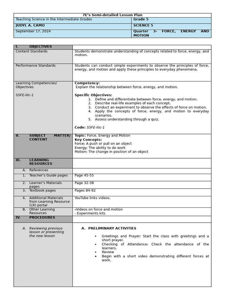 Grade 5 Science Lesson Plan: Force & Motion | PDF | Force | Learning