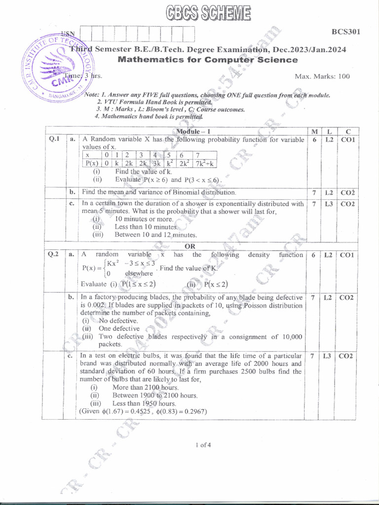 VTU Question Paper of BCS301 Mathematics For Computer Science Jan-Fab ...