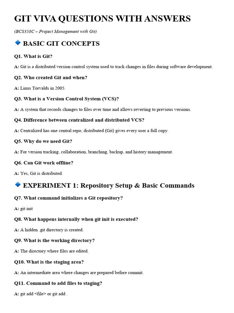 Git Viva Questions and Answers Guide | PDF | Version Control | Computer ...
