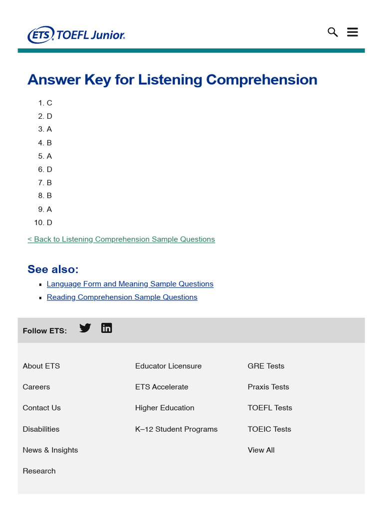 TOEFL Junior Listening Answer Key | PDF