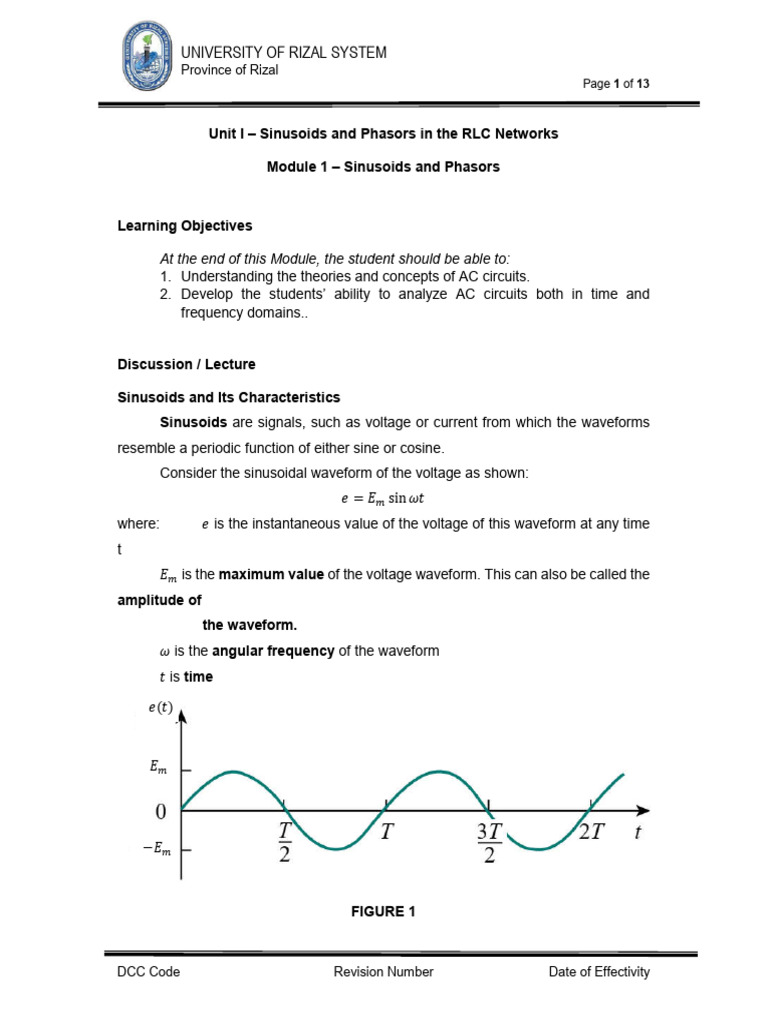 EE 2 - Electrical Circuits 2 - Module 1 | PDF | Phase (Waves) | Oscillation