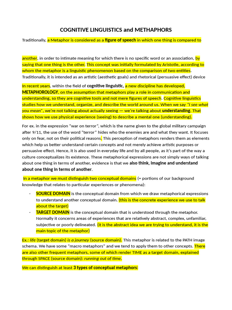 Understanding Metaphors in Cognitive Linguistics | PDF | Metaphor ...