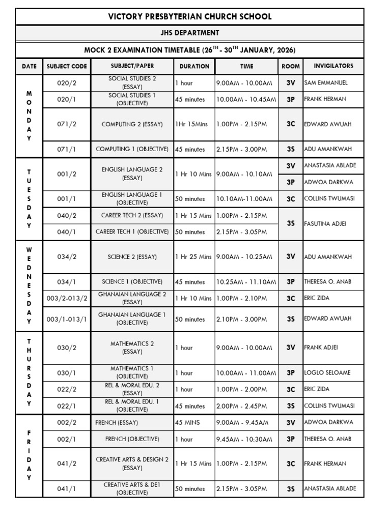JHS Mock Exam Timetable 2026 | PDF