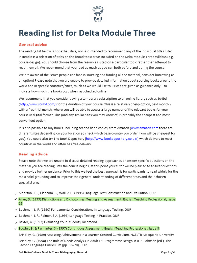 Delta Module Three Reading List Guide | PDF | English As A Second Or ...