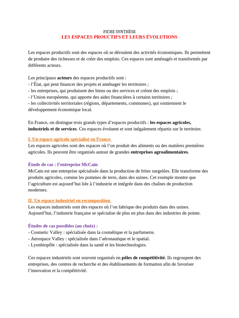Espaces Productifs en France : Types et Évolutions | PDF | Agriculture ...