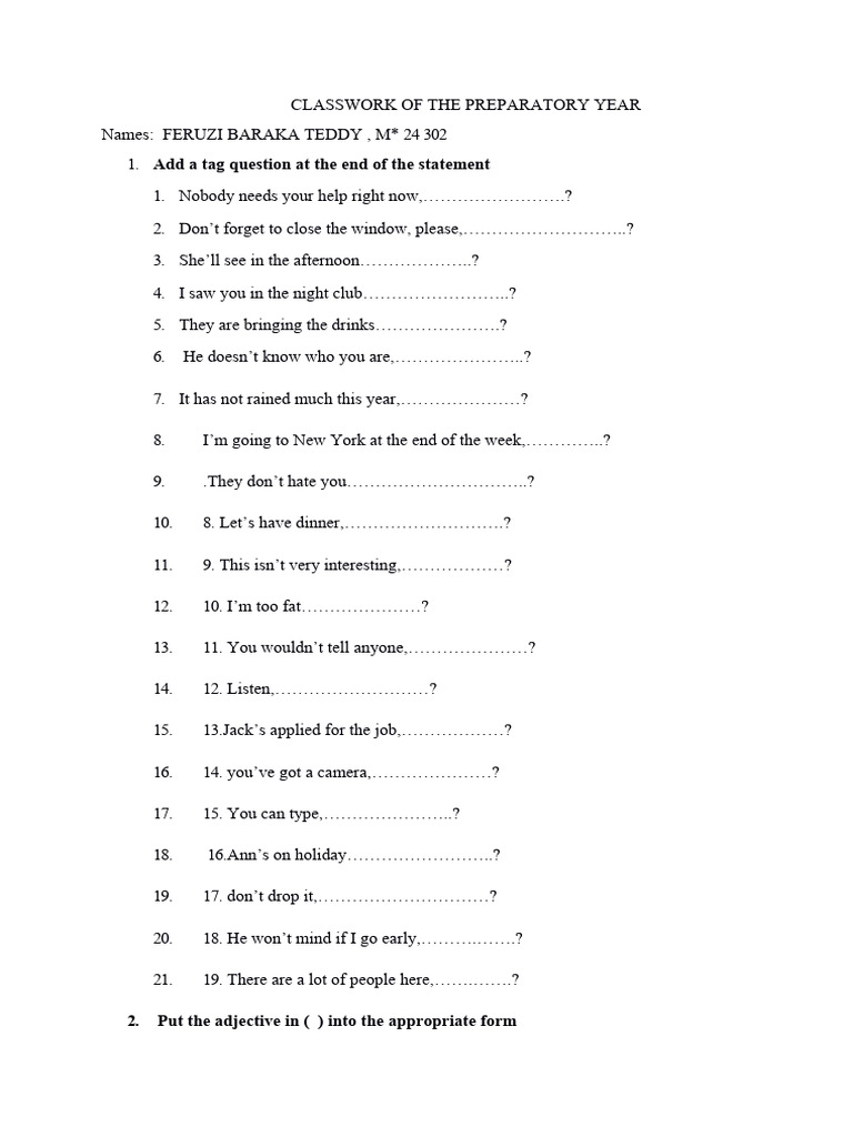 Preparatory Year Classwork Exercises | PDF | Syntax | Linguistics