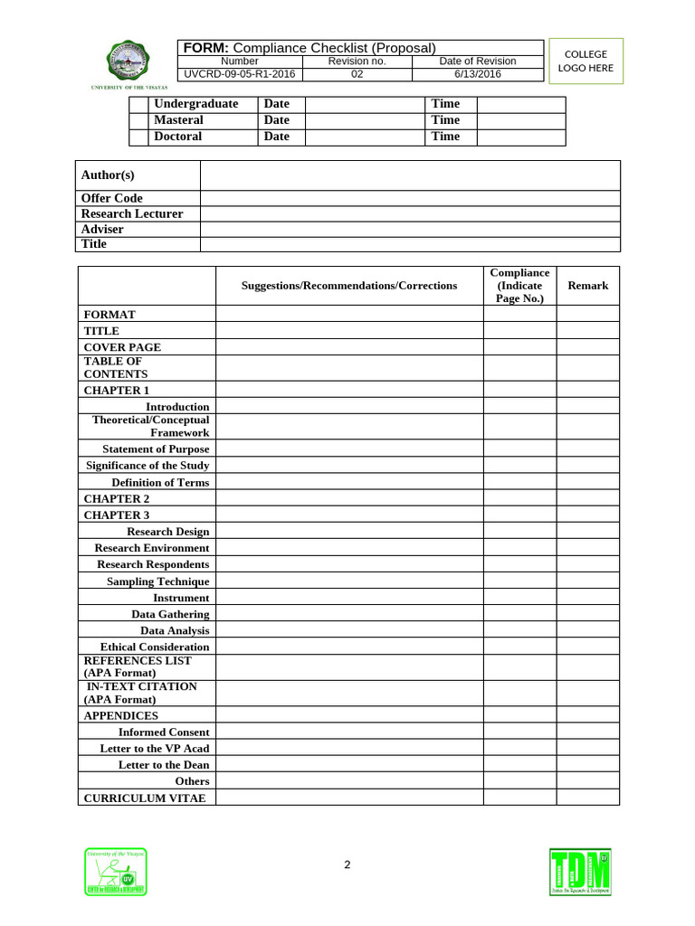 UVCRD-09-05-R1-2016 Compliance Checklist - Proposal | PDF | Thesis ...