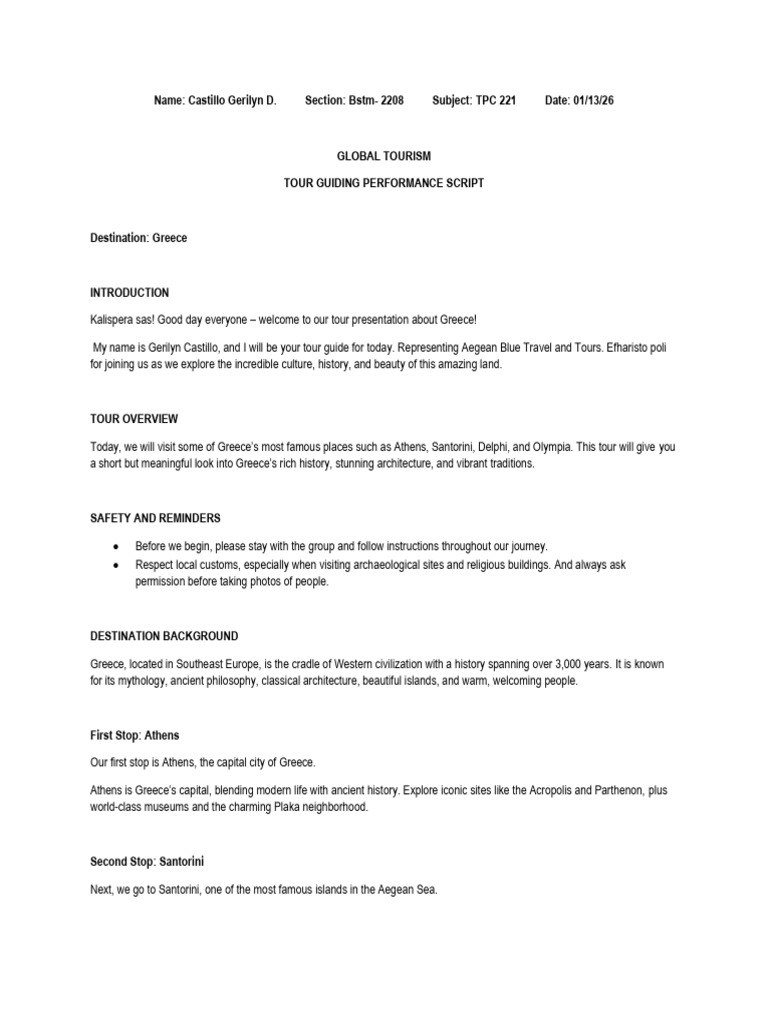 Greece Tour Guiding Performance Script | PDF | Athens | Delphi