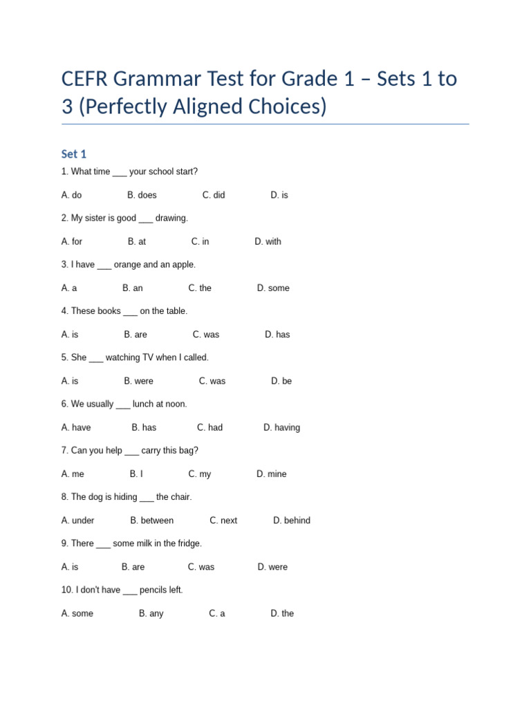CEFR Grade 1 Grammar Test Sets 1-3 | PDF | Chess Openings | Chess Theory