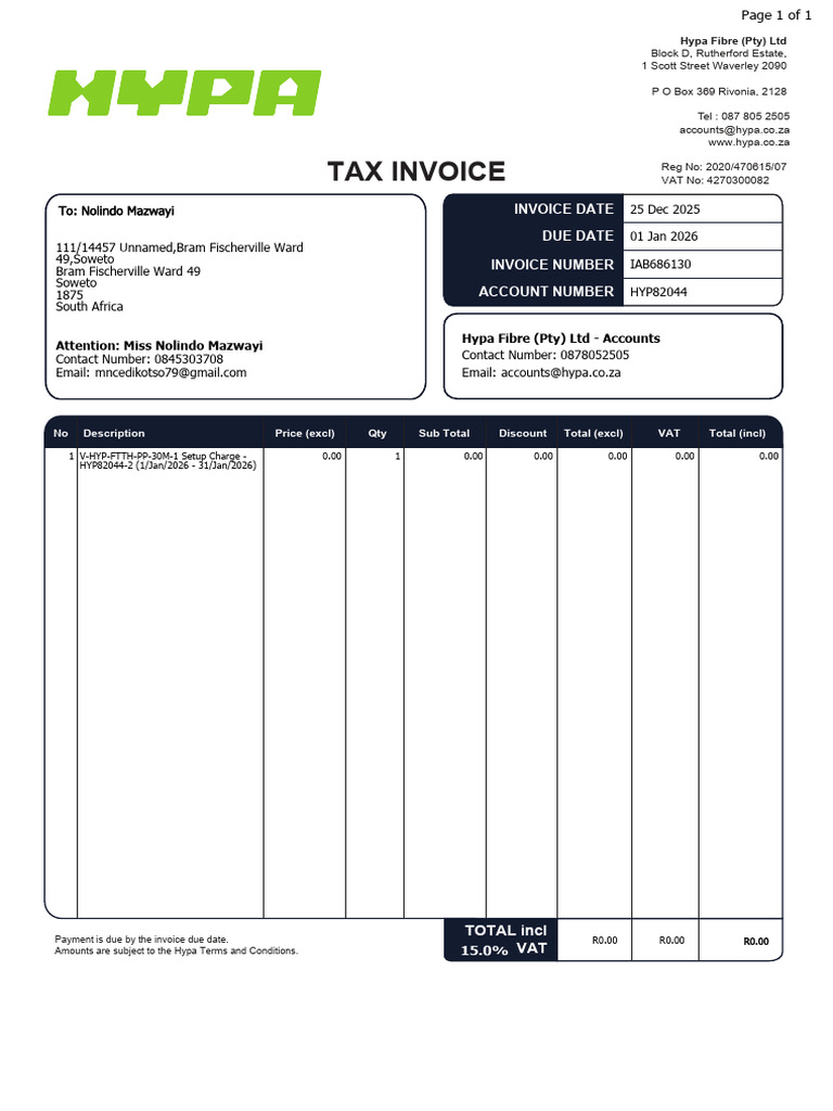 Hypa Fibre Invoice for Setup Charge | PDF | Payments | Accounting