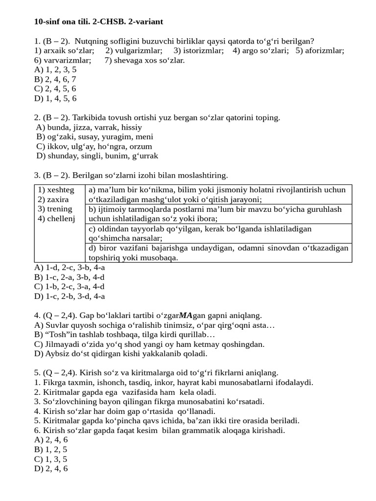 10-Sinf Ona Tili 2-CHSB 2-Variant | PDF