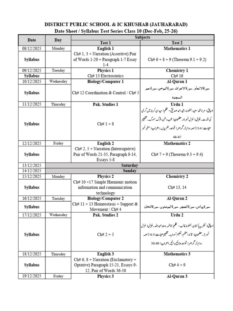 Class 10 Test Series Date Sheet 2025-2026 | PDF | Physics | Physical ...