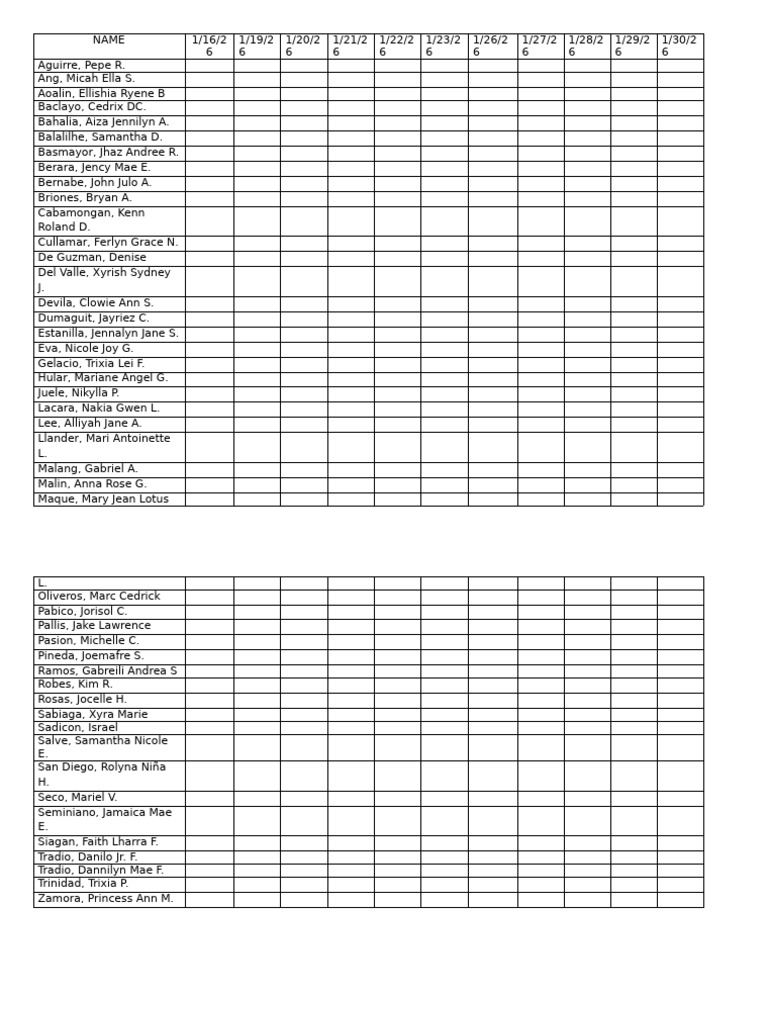 Student Names List for January 2026 | PDF