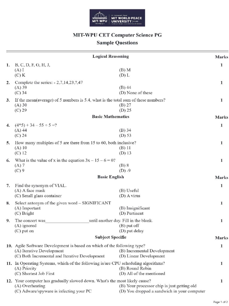 MIT-WPU CET Computer Science PG Sample Paper | PDF