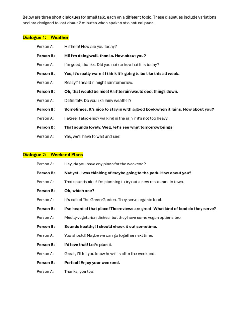 Short Dialogues for Small Talk Practice | PDF