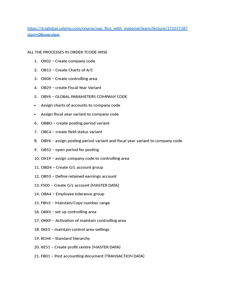 SAP FICO Process Steps by Tcode | PDF