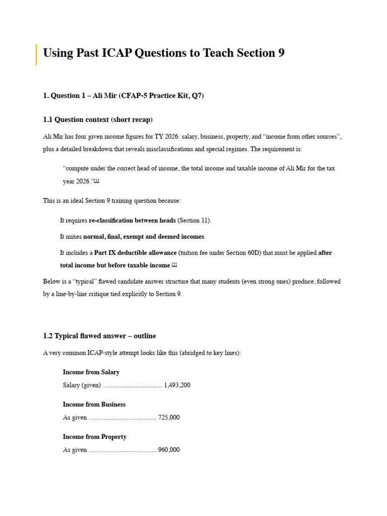 Teaching Section 9 with ICAP Questions | PDF | Income | Capital Gains Tax
