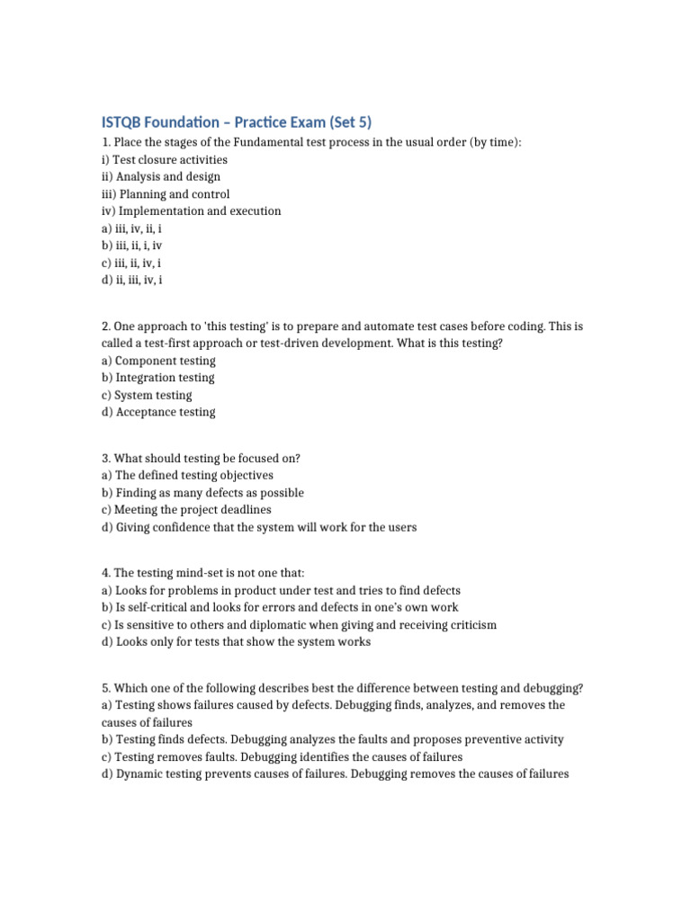 ISTQB Foundation Practice Exam Set 5 | PDF | Debugging | Software Testing