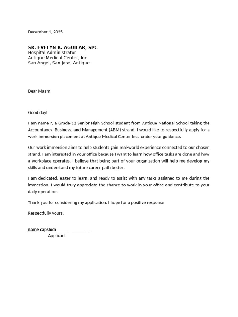 Work Immersion Application Letter | PDF