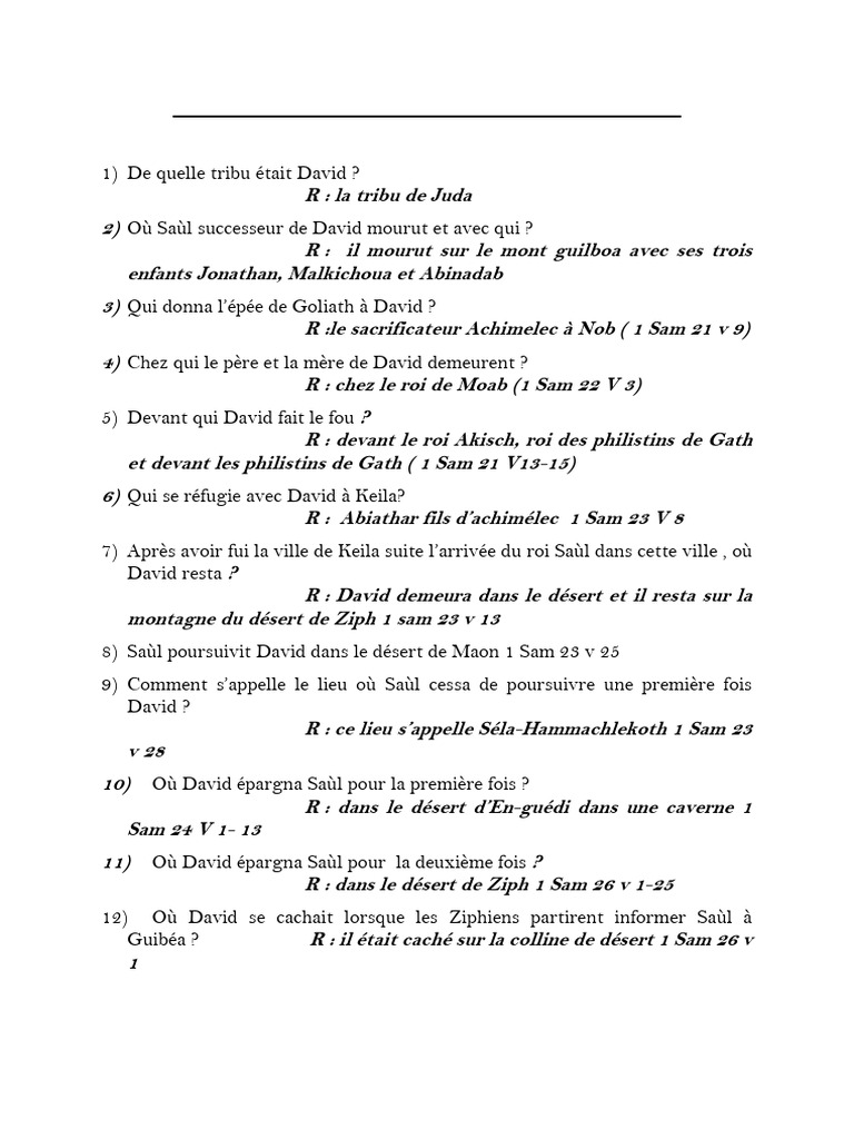Questionnaire sur la vie de David | PDF | David | Saül