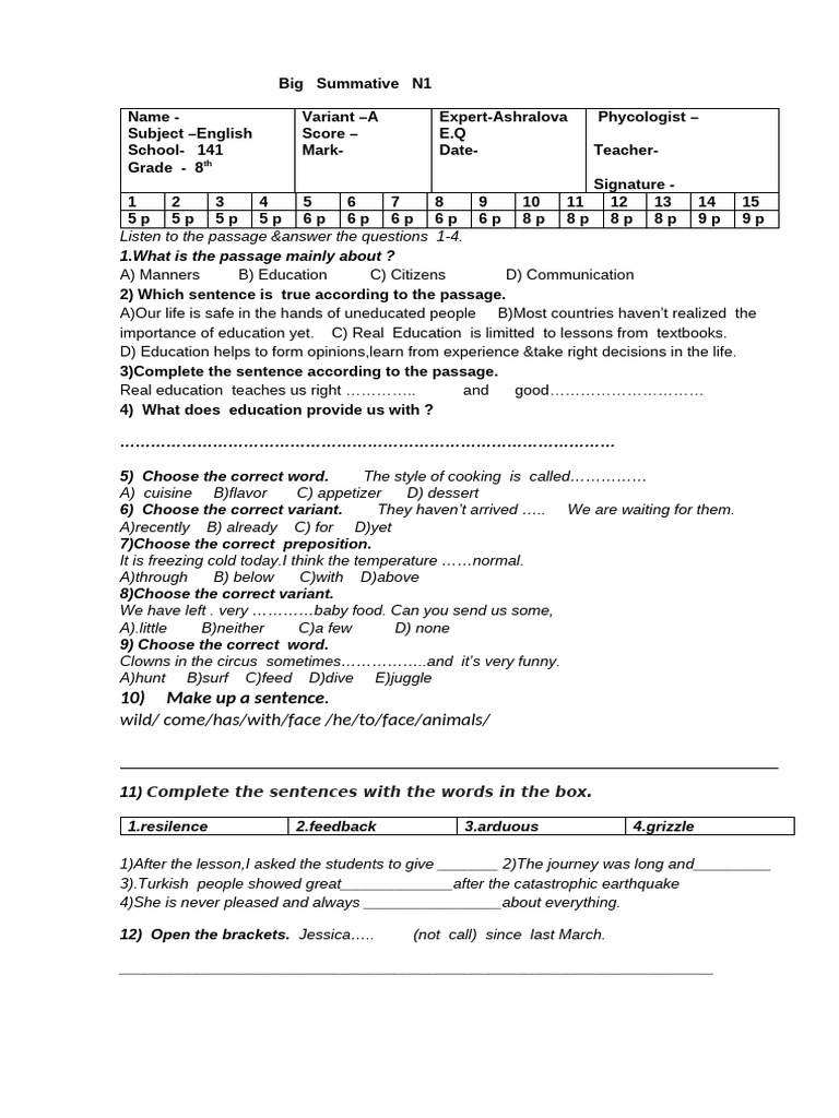 8th Grade English Summative Assessment | PDF | Zoo
