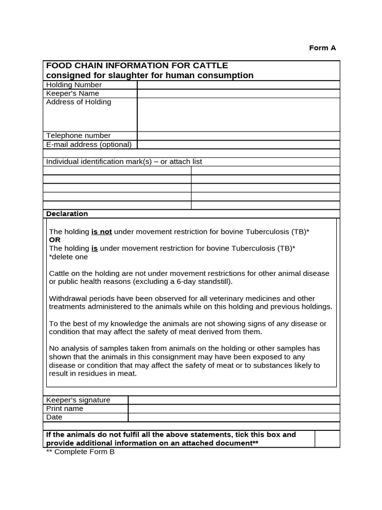 Cattle Food Chain Safety Declaration Form | PDF