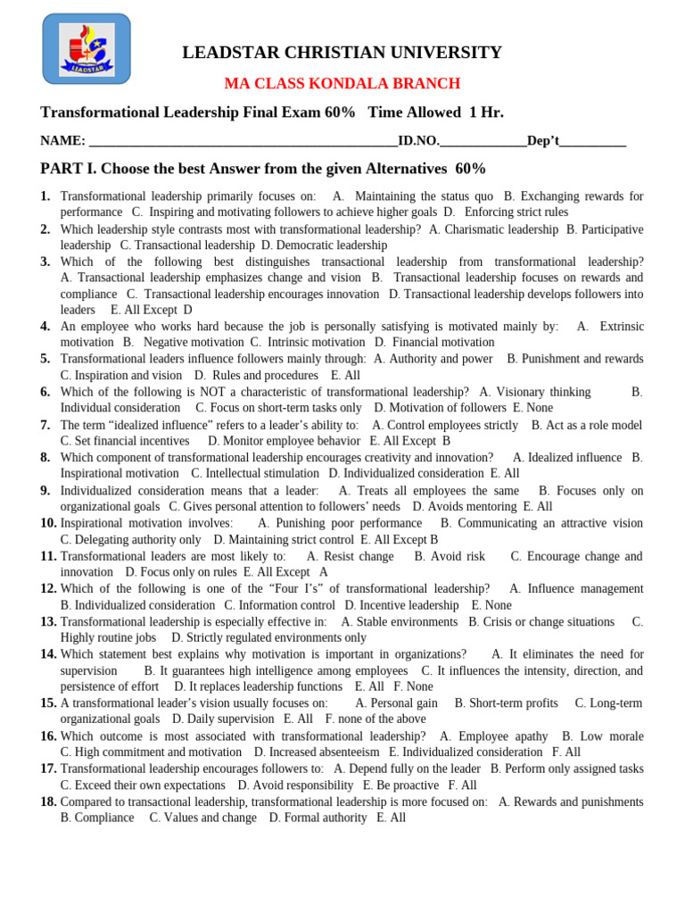Transformational Leadership Exam Questions | PDF | Transformational ...