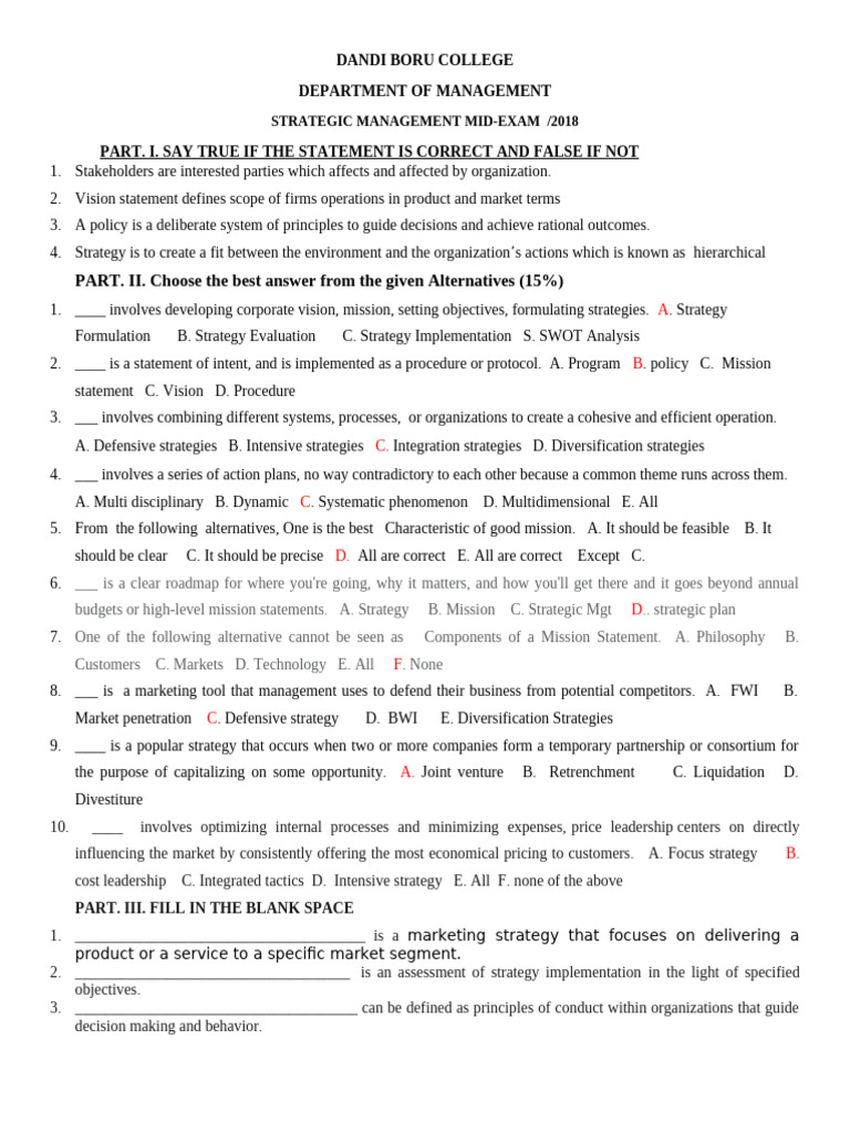 Strategic Management Mid-Exam 2018 | PDF | Strategic Management ...