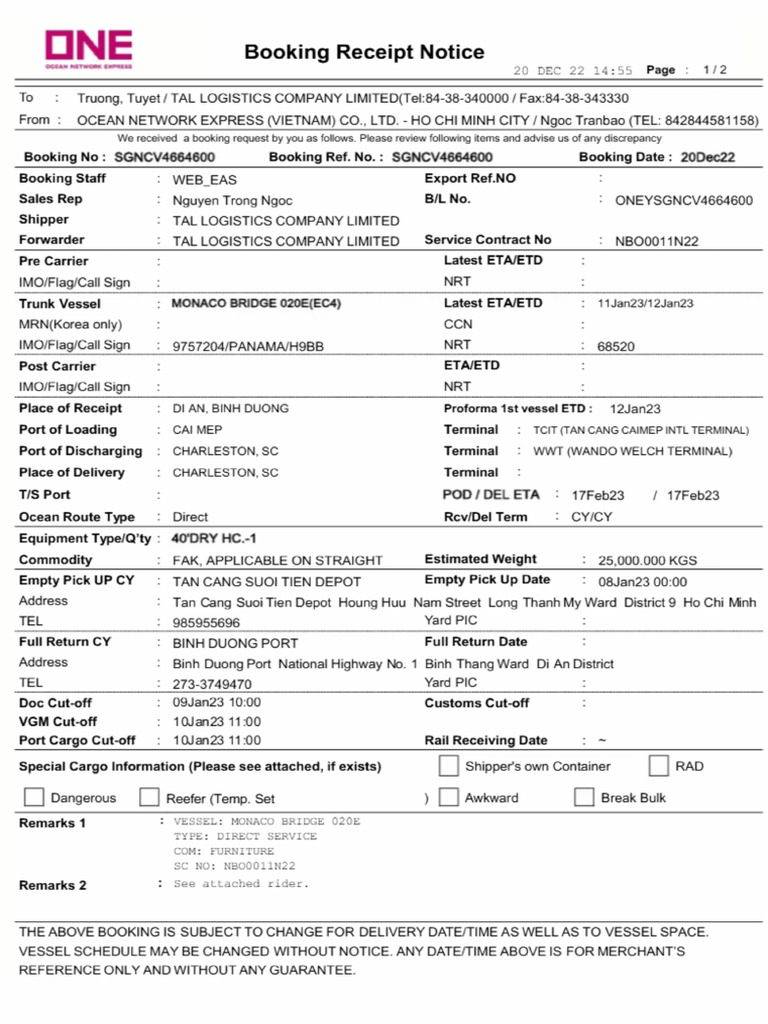 Booking Receipt Note | PDF