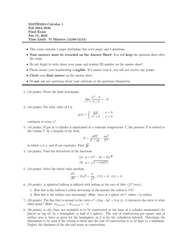 MATH1001 Calculus 1 Final Exam Guide | PDF | Sphere | Geometry