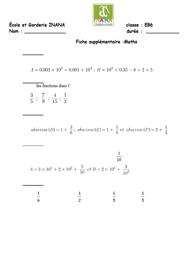 Fiche Maths pour Classe EB6 INANA | PDF