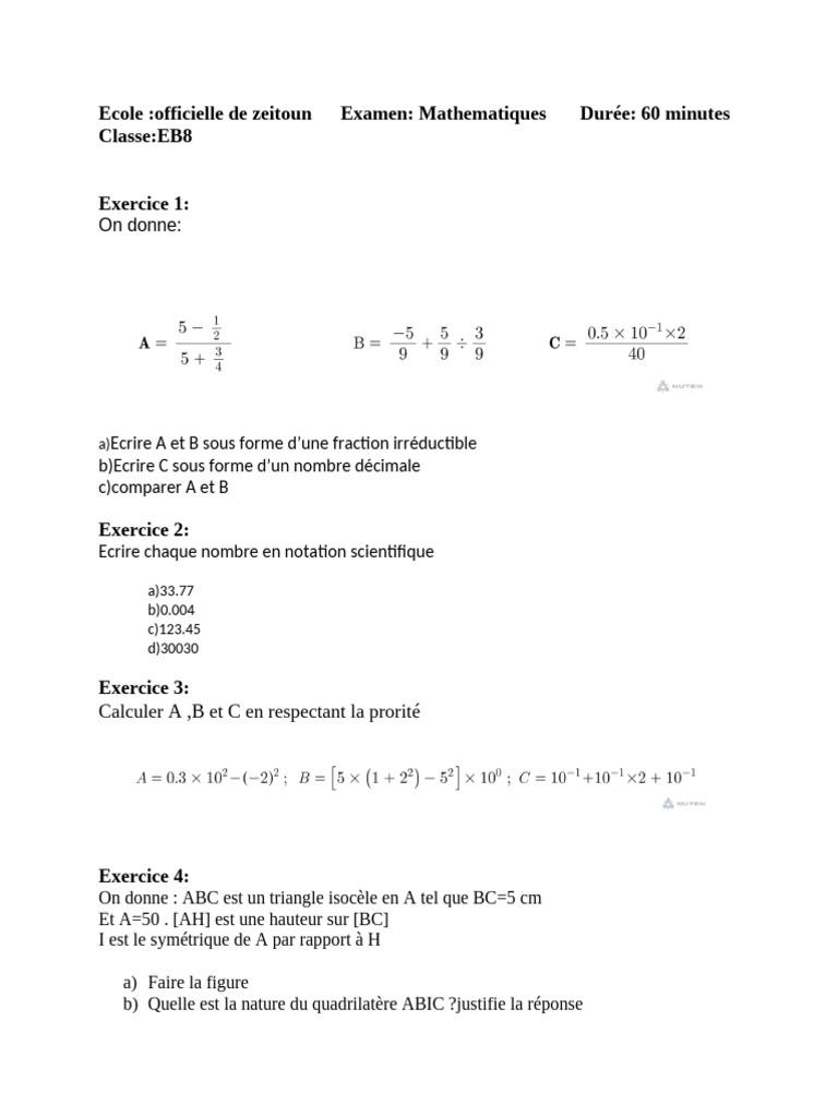 Examen de Mathématiques EB8 - Zeitoun | PDF