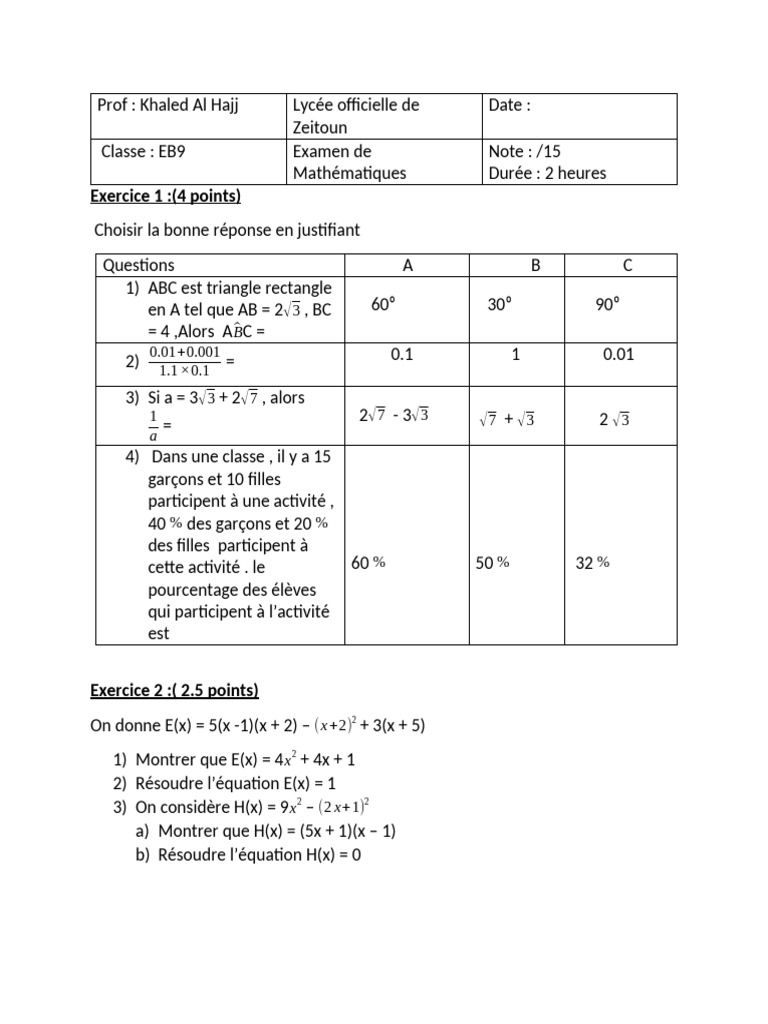 Examen de Mathématiques EB9 - Khaled Al Hajj | PDF | Cercle | Triangle