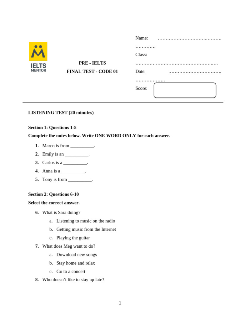 Pre-IELTS Listening and Reading Test | PDF | Clothing | Fashion