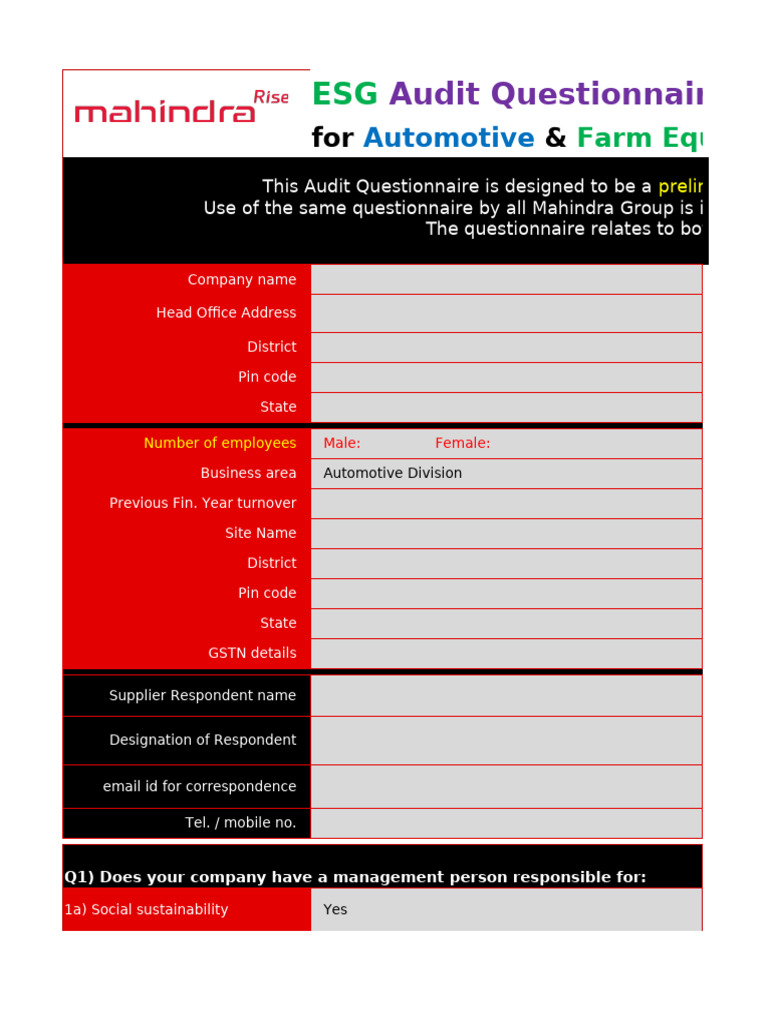 ESG Audit Questionnaire for Suppliers | PDF | Audit | Natural Environment