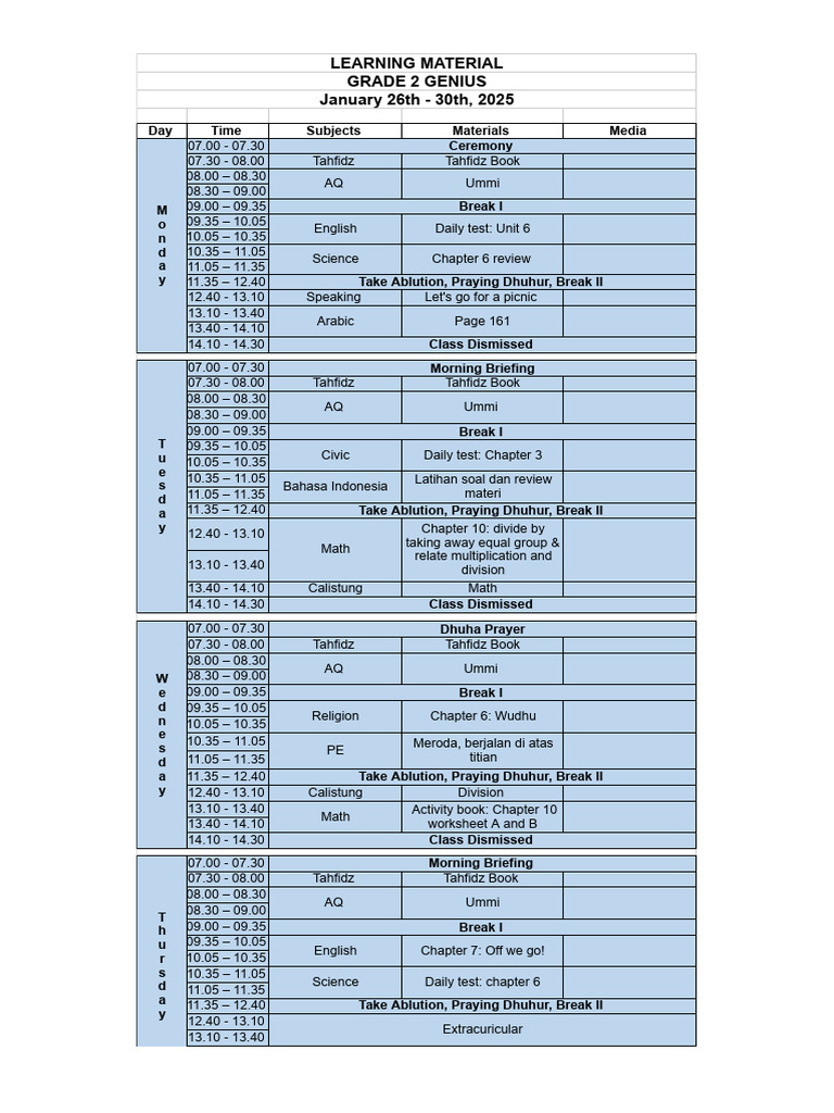 Grade 2 Weekly Learning Schedule | PDF
