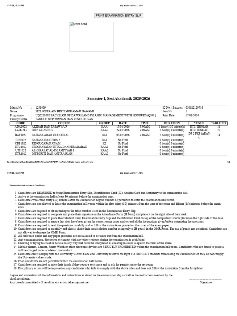 Examination Entry Slip for Semester I | PDF