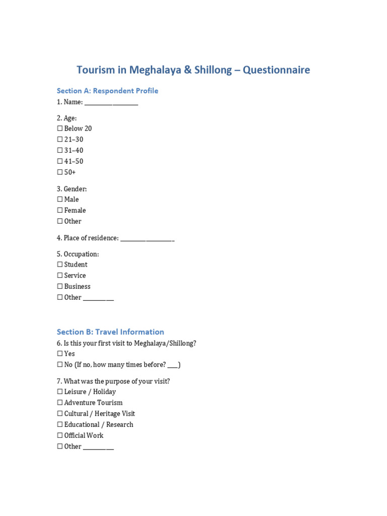 Meghalaya Tourism Survey Questionnaire | PDF | Tourism | Recreation