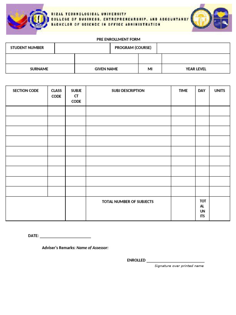 Pre Enrollment Form Template | PDF