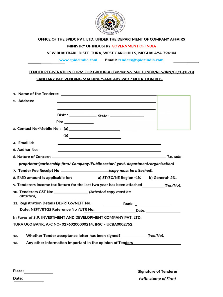 Tender Registration for Sanitary Products | PDF