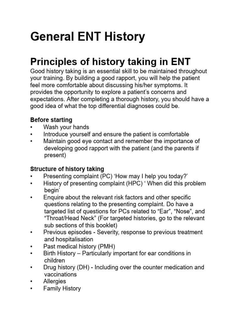 Essential ENT History Taking Guide | PDF | Human Nose | Ear